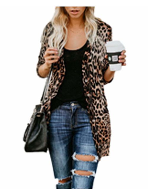 Women's Lightweight Long Sleeve Leopard Print Button Down Shirt Cardigan