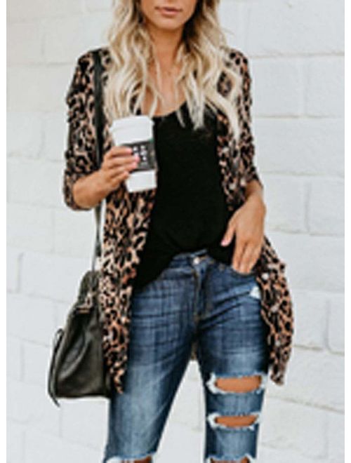 Women's Lightweight Long Sleeve Leopard Print Button Down Shirt Cardigan