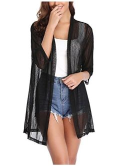 Women Casual 3/4 Sleeve Sheer Open Front Cardigan Sweater