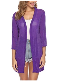 Women Casual 3/4 Sleeve Sheer Open Front Cardigan Sweater