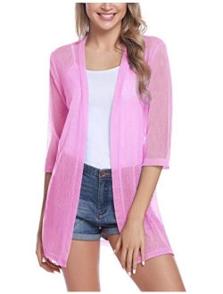 Women Casual 3/4 Sleeve Sheer Open Front Cardigan Sweater