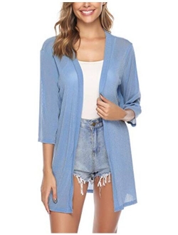 Women Casual 3/4 Sleeve Sheer Open Front Cardigan Sweater