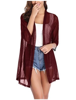 Women Casual 3/4 Sleeve Sheer Open Front Cardigan Sweater