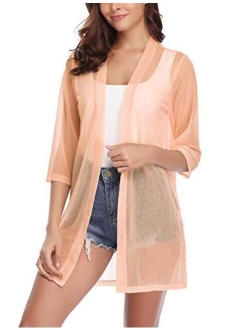 Women Casual 3/4 Sleeve Sheer Open Front Cardigan Sweater