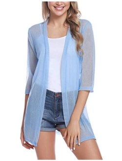 Women Casual 3/4 Sleeve Sheer Open Front Cardigan Sweater