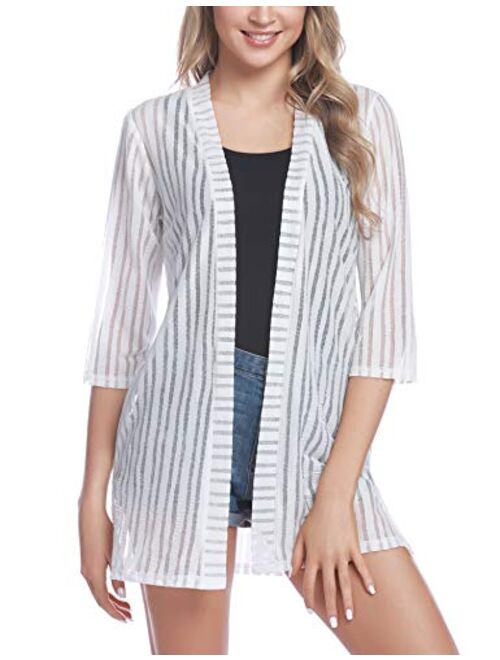 iClosam Women Casual 3/4 Sleeve Sheer Open Front Cardigan Sweater