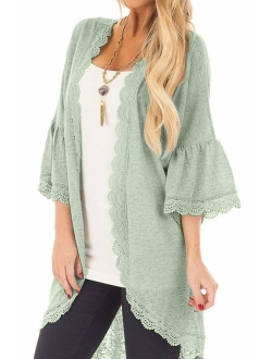 Spadehill Women's 3/4 Bell Sleeve Kimono Cardigan with Sheer Lace Details