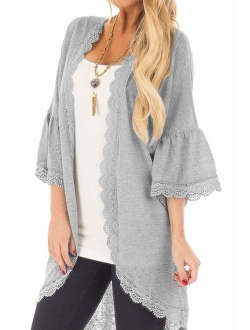 Spadehill Women's 3/4 Bell Sleeve Kimono Cardigan with Sheer Lace Details