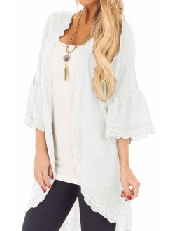 Spadehill Women's 3/4 Bell Sleeve Kimono Cardigan with Sheer Lace Details