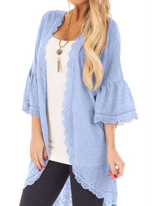 Spadehill Women's 3/4 Bell Sleeve Kimono Cardigan with Sheer Lace Details