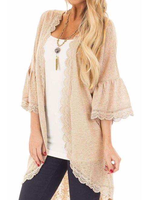 Spadehill Women's 3/4 Bell Sleeve Kimono Cardigan with Sheer Lace Details