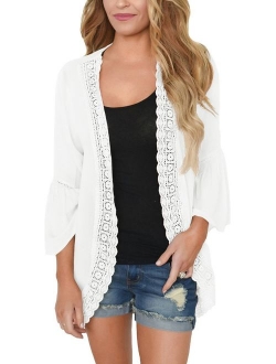 PRETTODAY Women's Ruffle Bell Sleeve Kimono Cardigans Lace Cover Up Loose Blouse Tops