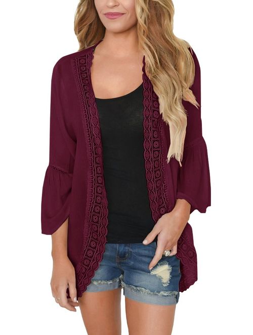 PRETTODAY Women's Ruffle Bell Sleeve Kimono Cardigans Lace Cover Up Loose Blouse Tops