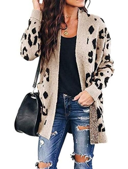 Ferbia Women Leopard Cardigan Long Open Front Sweaters Oversized Loose Knit Coat Draped Jackets with Pockets