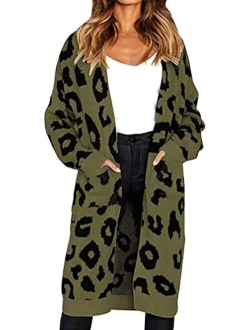 Ferbia Women Leopard Cardigan Long Open Front Sweaters Oversized Loose Knit Coat Draped Jackets with Pockets