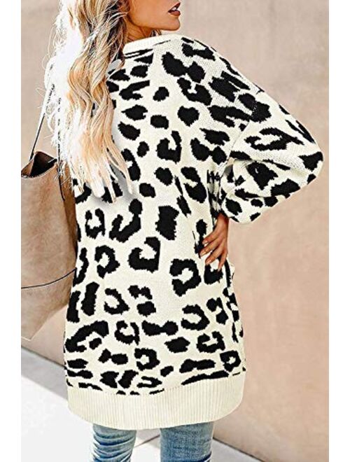 Ferbia Women Leopard Cardigan Long Open Front Sweaters Oversized Loose Knit Coat Draped Jackets with Pockets