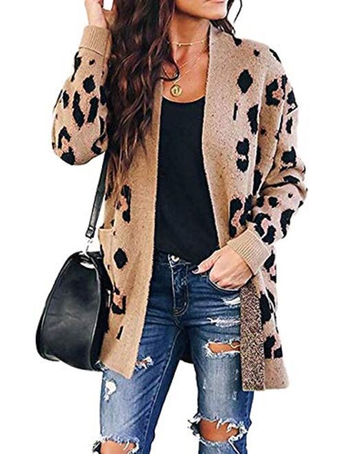 Ferbia Women Leopard Cardigan Long Open Front Sweaters Oversized Loose Knit Coat Draped Jackets with Pockets