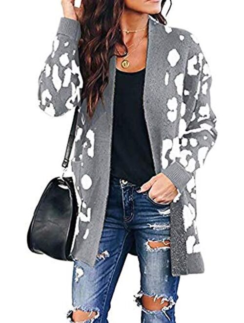 Ferbia Women Leopard Cardigan Long Open Front Sweaters Oversized Loose Knit Coat Draped Jackets with Pockets