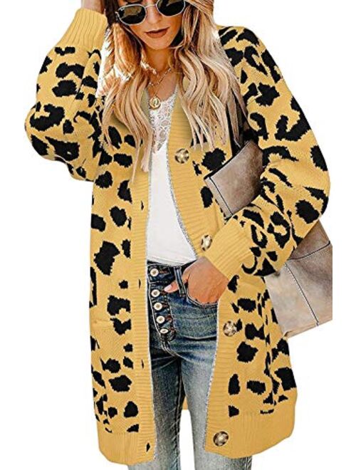 Ferbia Women Leopard Cardigan Long Open Front Sweaters Oversized Loose Knit Coat Draped Jackets with Pockets