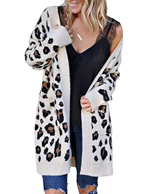 Ferbia Women Leopard Cardigan Long Open Front Sweaters Oversized Loose Knit Coat Draped Jackets with Pockets