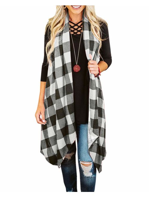 Ivay Womens Plaid Open Front Cardigan Sleeveless Drape Lightweight Vest Coat with Pockets