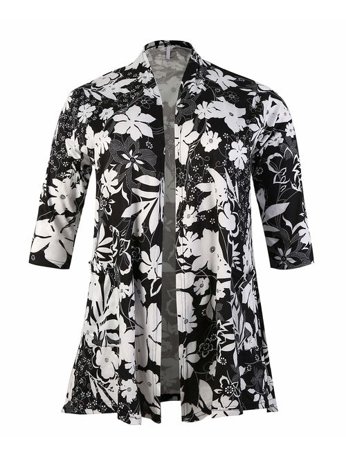 ZERDOCEAN Women's Plus Size 3/4 Sleeve Lightweight Soft Printed Drape Cardigan with Pockets