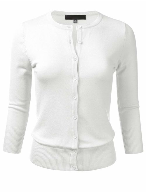 FLORIA Women's Button Down 3/4 Sleeve Crew Neck Knit Cardigan Sweater (S-3X)