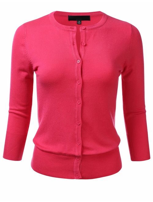 FLORIA Women's Button Down 3/4 Sleeve Crew Neck Knit Cardigan Sweater (S-3X)