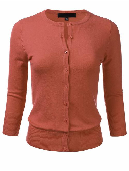 FLORIA Women's Button Down 3/4 Sleeve Crew Neck Knit Cardigan Sweater (S-3X)