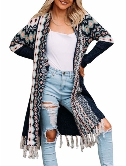 Misassy Womens Boho Open Front Long Cardigans Sweater Loose Long Sleeve Aztec Embroidery Tassels Kimono Duster Outwear