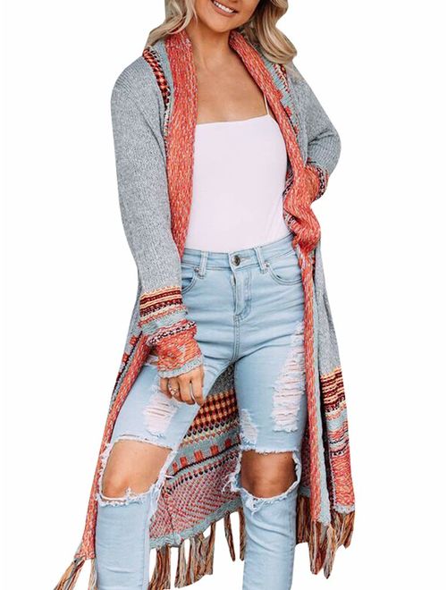 Misassy Womens Boho Open Front Long Cardigans Sweater Loose Long Sleeve Aztec Embroidery Tassels Kimono Duster Outwear