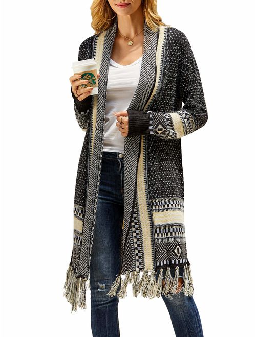 Misassy Womens Boho Open Front Long Cardigans Sweater Loose Long Sleeve Aztec Embroidery Tassels Kimono Duster Outwear