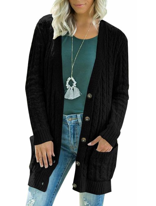 Women's Long Sleeve Twist Knit Cardigans Button Down Cable Sweater Coat Patch Pockets