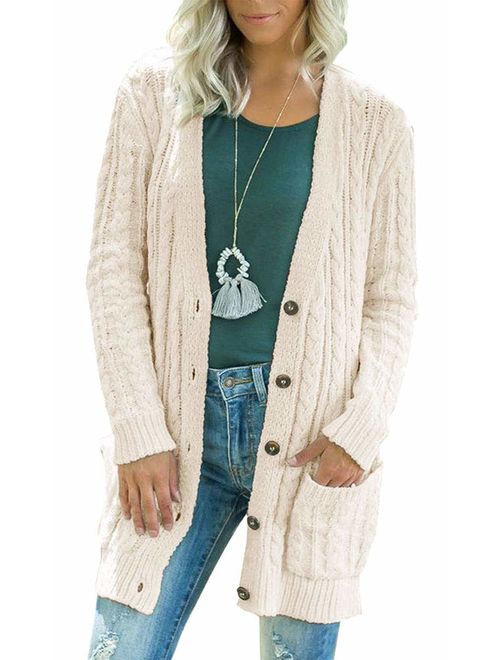 Women's Long Sleeve Twist Knit Cardigans Button Down Cable Sweater Coat Patch Pockets