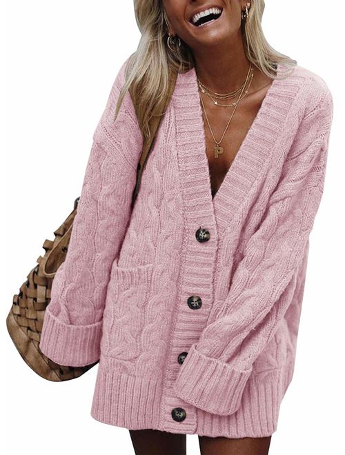 Women's Long Sleeve Twist Knit Cardigans Button Down Cable Sweater Coat Patch Pockets