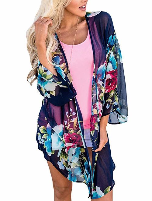 Camisunny Women Chiffon Printed Cardigan Kimono Robe Tops Beach Bikini Cover up Blouse