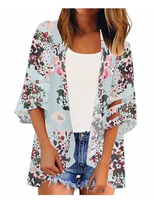 Camisunny Women Chiffon Printed Cardigan Kimono Robe Tops Beach Bikini Cover up Blouse