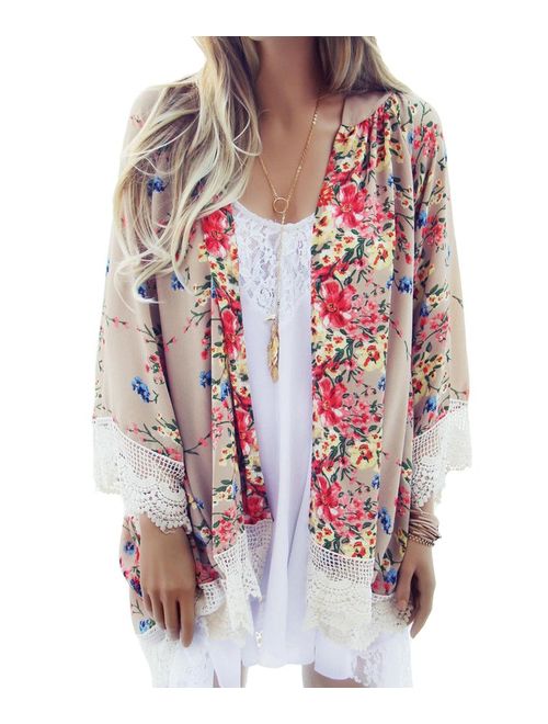 Camisunny Women Chiffon Printed Cardigan Kimono Robe Tops Beach Bikini Cover up Blouse