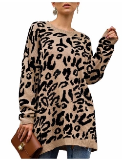 NSQTBA Womens Leopard Print Pullover Oversized Crew Neck Casual Knitted Sweater Tops S-2XL