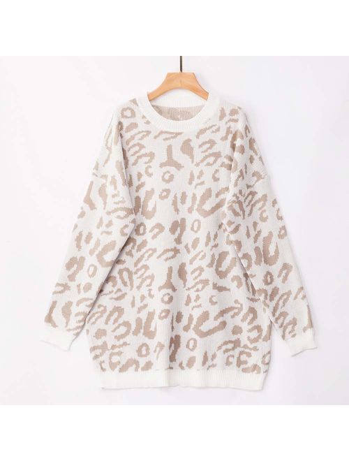 NSQTBA Womens Leopard Print Pullover Oversized Crew Neck Casual Knitted Sweater Tops S-2XL