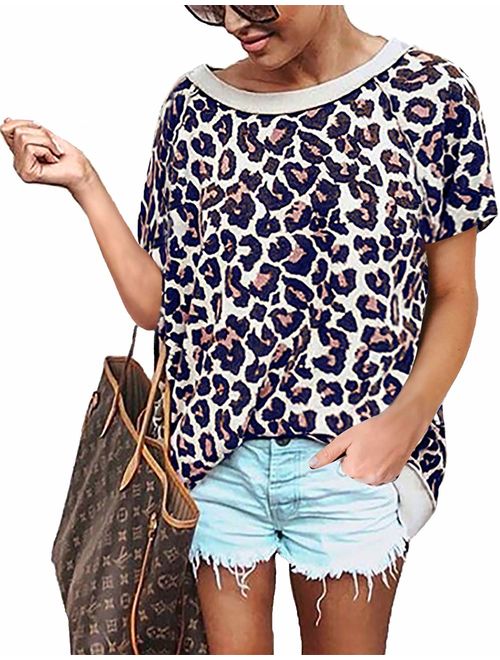 NSQTBA Womens Leopard Print Pullover Oversized Crew Neck Casual Knitted Sweater Tops S-2XL