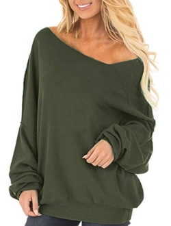 Auxo Womens Off The Shoulder Tops Baggy Shirt Long Sleeve Blouse Oversized Sweater Jumper Pullover