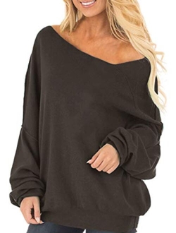 Auxo Womens Off The Shoulder Tops Baggy Shirt Long Sleeve Blouse Oversized Sweater Jumper Pullover