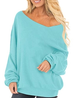 Auxo Womens Off The Shoulder Tops Baggy Shirt Long Sleeve Blouse Oversized Sweater Jumper Pullover