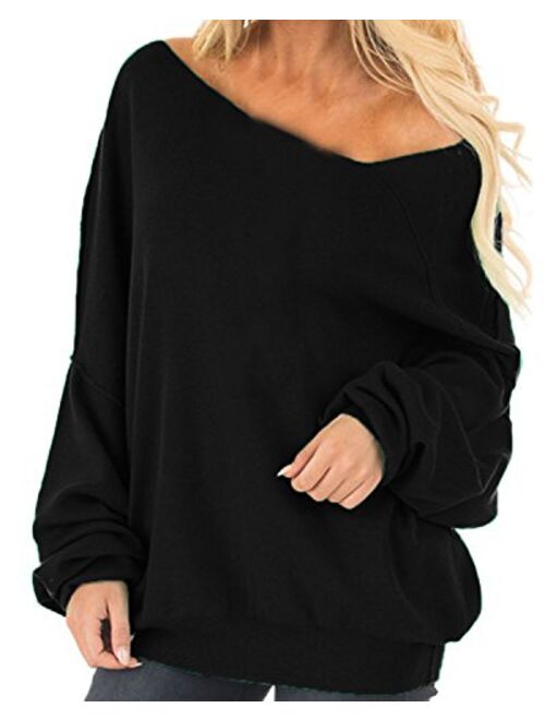 Auxo Womens Off The Shoulder Tops Baggy Shirt Long Sleeve Blouse Oversized Sweater Jumper Pullover