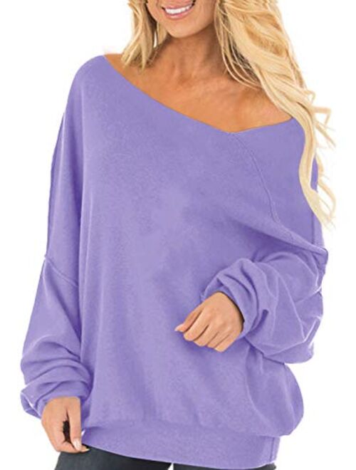 Auxo Womens Off The Shoulder Tops Baggy Shirt Long Sleeve Blouse Oversized Sweater Jumper Pullover