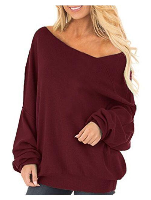 Auxo Womens Off The Shoulder Tops Baggy Shirt Long Sleeve Blouse Oversized Sweater Jumper Pullover