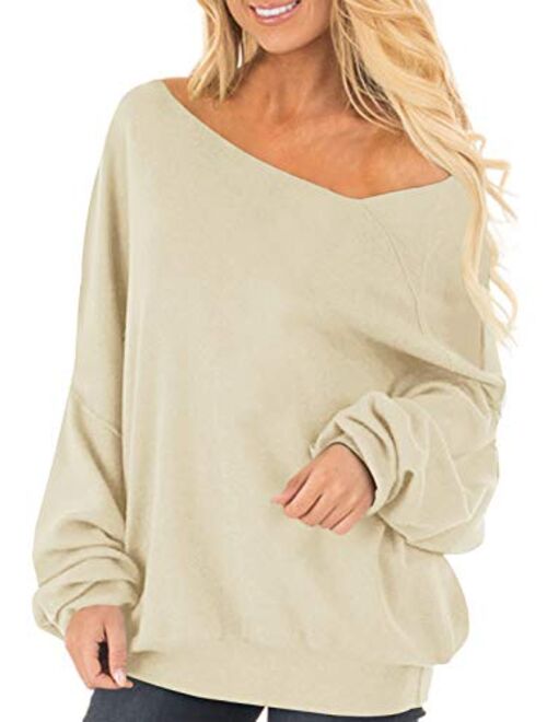 Auxo Womens Off The Shoulder Tops Baggy Shirt Long Sleeve Blouse Oversized Sweater Jumper Pullover