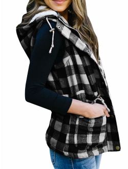 Imily Bela Womens Buffalo Hooded Plaid Corduroy Vest Flannel Winter Casual Coat Cardigan