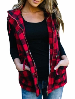 Imily Bela Womens Buffalo Hooded Plaid Corduroy Vest Flannel Winter Casual Coat Cardigan